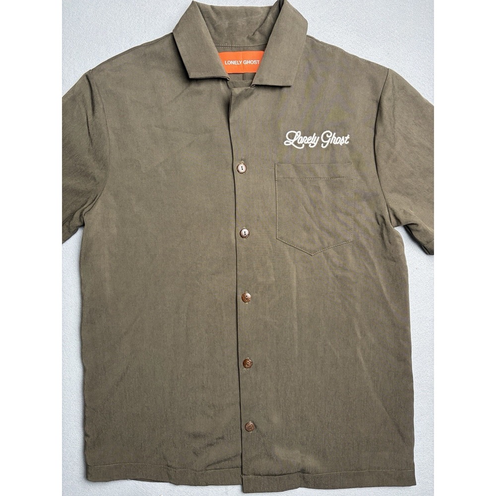 Lonely Ghost Button Up Shirt Adult Small Olive Green Short Sleeve